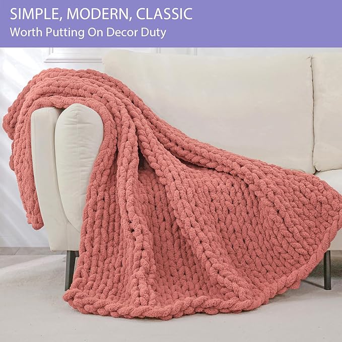 Bigacogo Chunky Knit Throw Blanket for Couch, 40x60 inches, 100% Hand Knitted with Thick Jumbo Chenille Yarn, Cozy Soft Large Rope Knot Cable Crochet Blankets for Sofa Bed Living Room, Antique Red