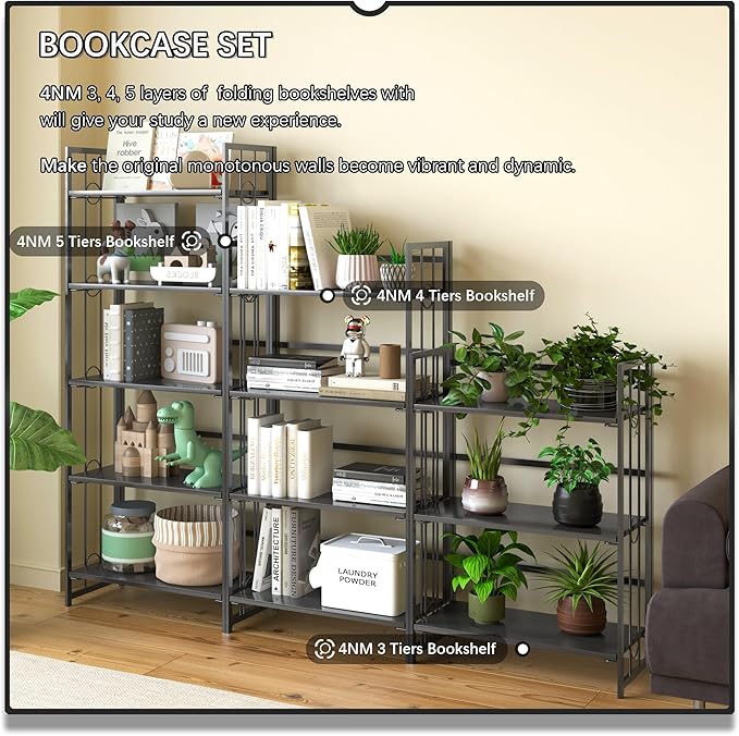 4NM No Assembly 4 Tiers Folding Bookshelf, 47.2" H Foldable Storage Shelves Vintage Bookcase Standing Racks Study Organizer Home Office - All Black