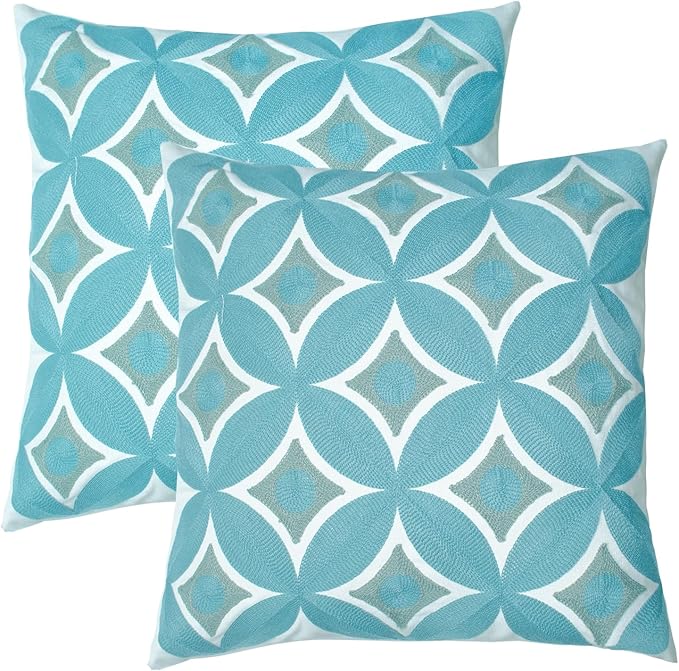 Embroidered Decorative Throw Pillow Cover, 18"x18" Set of 2, Farmhouse Pillowcase Blue Knit Pattern Cotton Canvas Cushion Case Square Floral Pillow Case for Sofa Couch Bed Living Room