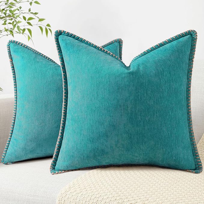 decorUhome Chenille Soft Throw Pillow Covers 22x22 Set of 2, Farmhouse Velvet Neutral Decorative Euro Pillow Covers with Stitched Edge for Couch Sofa Bed Home Decor, Turquoise