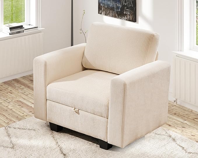 38.5 Oversized Accent Chair with Storage Ivory Corduroy, Single Modern Accent Sofa Chair with Arms for Apartment Living Room (21" Deep Seat)
