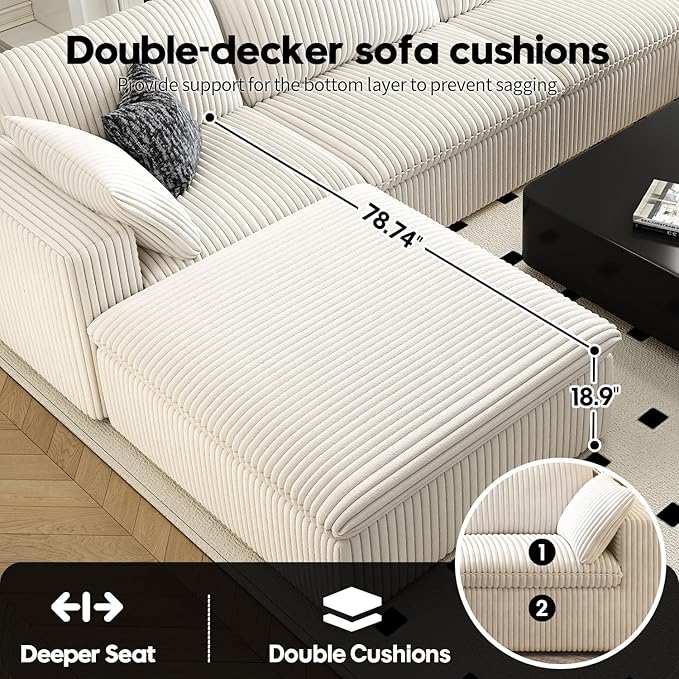 118" Cloud Couch Modular Sectional Sofa for Living Room,Modern Sofa with Deep Seat，U-Shape Boneless Couch with 2 Ottoman,Comfy Upholstered Corduroy Couches for Apartment, Studio, Office,Bedroom，White