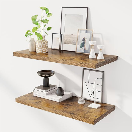30" Floating Shelves for Wall, 12" Deep Slim Rustic Brown Floating Shelves, Wall-Mounted Shelves for Bedroom, Living Room, Kitchen, Bathroom - Set of 2