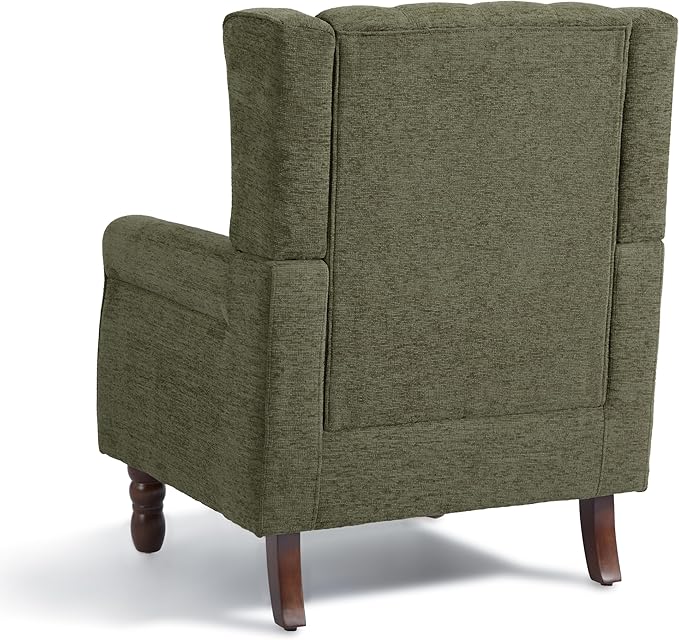 Accent Chair, Upholstered Armchair with Button Tufted High Back & Solid Wood Legs, Comfy Wingback Reading Single Sofa Chair for Small Spaces, Living Room, Bedroom (Green, Set of 2)