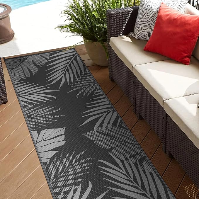GENIMO Outdoor Rug 2.5' x 8' Waterproof for Patios Clearance, Reversible Outdoor Plastic Straw Camping Rug Carpet, Large Area Rugs Mats for RV, Camper, Deck, Balcony, Porch, Beach, Picnic, Black&Grey