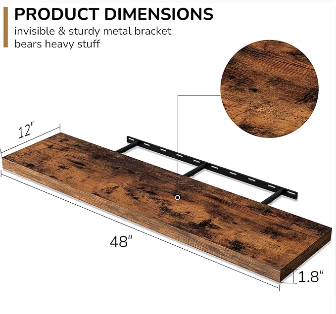 Fun Memories Floating Shelves - 12 Inch Rustic Wooden Wall Shelves - Extra Deeper & Thicker Wall Mounted Storage Shelf for Living Room, Kitchen, Farmhouse - 48" W x 12" D x 1.8" H - Brown