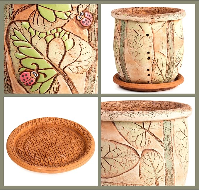 Ceramic Pot with Drainage Hole and Saucer, Plant Pots, Modern Decorative Planters for House Plants Indoor Flowers Plants, Cute Flower Pot - Gifts (Ladybugs (3 L))
