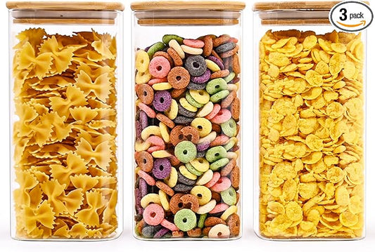 Glass Food Storage Jars Square 51oz, 3 Pack Glass Jars With Bamboo Lids, Kitchen Storage Containers For Spice, Candy, Cookie, Storage For Pantry Organizers