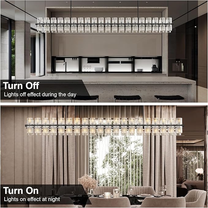 Crystal Black Rectangular Chandelier Light Fixture,72 in Large Dining Room Chandelier Over Table,Modern Chandeliers for Living Room,Arcachon Chandeliers,Kitchen Island,Includes 80xG4 Bulbs