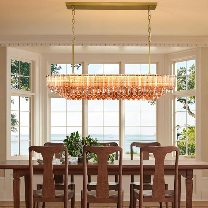 Amber Glass Chandeliers for Dining Room Over Table, 43" Modern Rectangular Dining room Chandelier, Honeycomb Layered Crystal Kitchen Island Long Chandelier Gold Dimmable Ceiling Light for Kitchen
