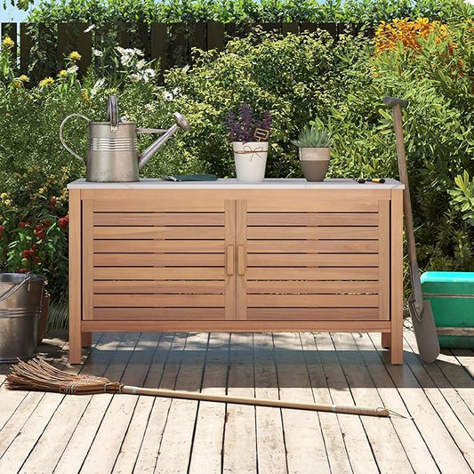 Goplus Patio Storage Cabinet, 2-Door Acacia Wood Storage Container with Faux Marble Top, Outdoor Wooden Sideboard for Deck, Garden, Lawn and Backyard