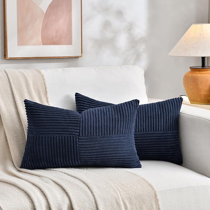Fancy Homi 2 Packs Navy Blue Lumbar Decorative Throw Pillow Covers 12x20 Inch for Living Room Couch, Rustic Farmhouse Boho Home Decor, Soft Striped Corduroy Rectangle Accent Cushion Case 30x50 cm
