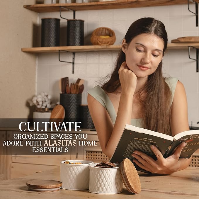 6 Canister Set for the Kitchen Countertop – Metal Food Storage Canisters with Airtight Lids for Flour, Tea, Crafts, Coffee, & Sugar – Container Set with Modern Wood Lids, White