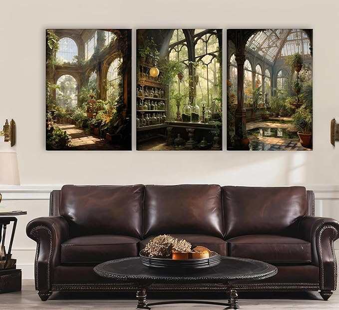 3pcs Framed William Morris Green Plants Canvas Wall Art Medieval Castle Posters Prints Gothictalian Landscape Painting Pictures Paintings Wall Decor for Living Room Bathroom Bedroom Decoration
