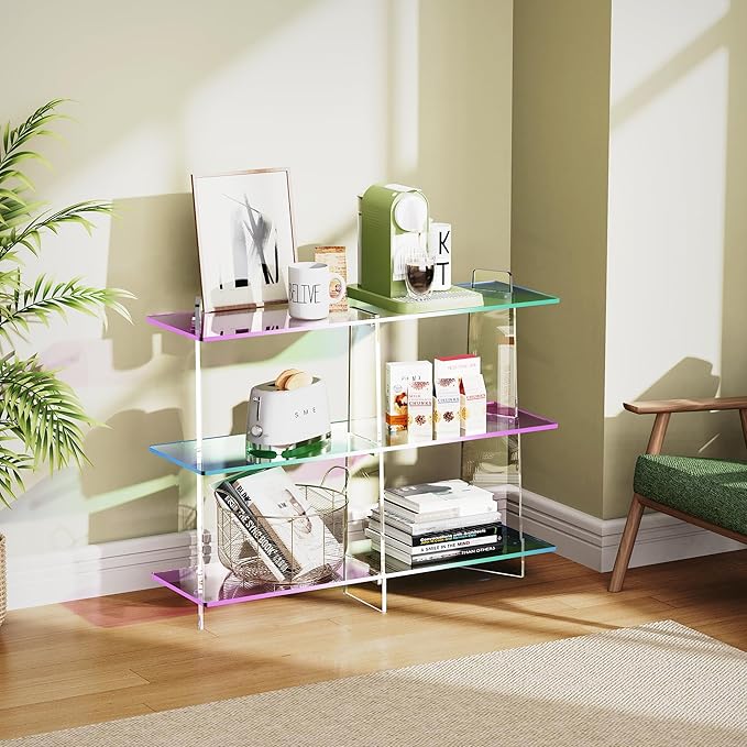 Acrylic Bookshelf, Small 3 Tier Open Bookcase for Small Spaces,Sofa Table, Hallway Entry Table for Home Living Room (Iridescent, 39.4" x 11.8" x 31.5)