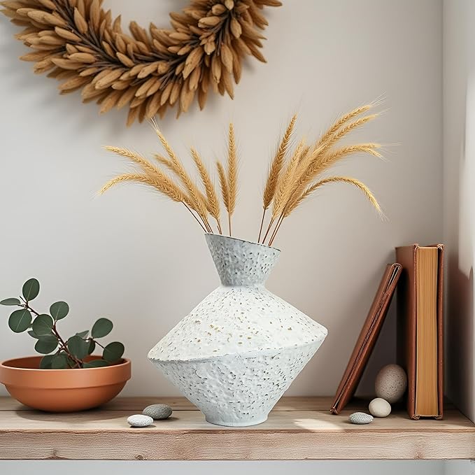 Cast Iron Decorative Vase, Dried Flower Rustic Vases, Wabi Sabi Vase for Modern Home Decor, Living Room, Shelf Decor, Enterway, Wedding, Office, Table, Bedroom, Kitchen, 8.86" H (White)