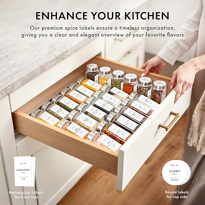 Glass Spice Jars with Label and Stainless Steel Lids (24 x 4oz) Spice Containers with 240 Labels, Shaker Inserts, Steel Funnel, Empty Square Empty Square Seasoning Organizer (White)
