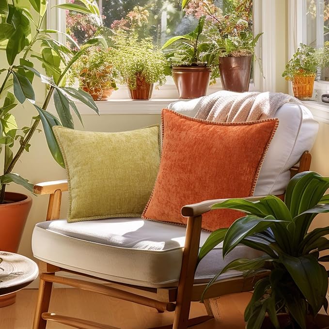 decorUhome Chenille Soft Throw Pillow Covers 24x24 Set of 2, Farmhouse Velvet Neutral Decorative Euro Pillow Covers with Stitched Edge for Couch Sofa Bed Home Decor, Mineral Yellow