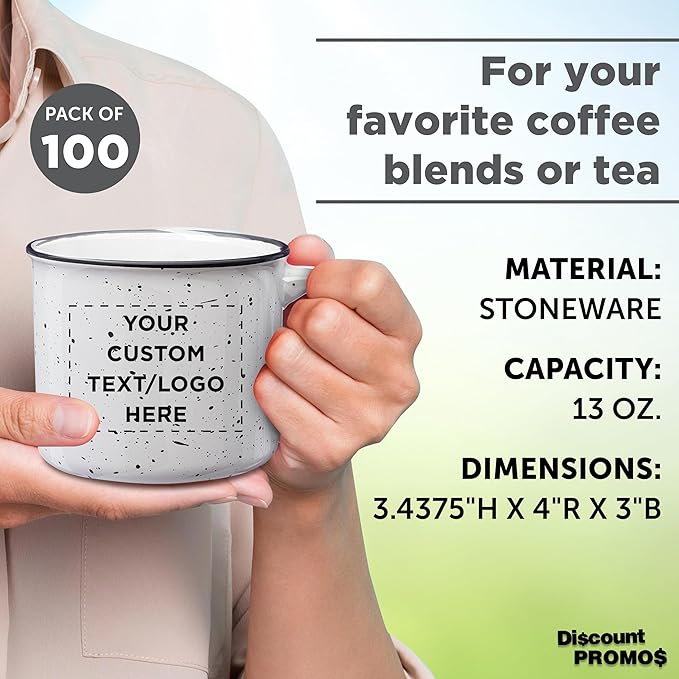 DISCOUNT PROMOS Custom Ceramic Campfire Coffee Mugs 13 oz. Set of 100, Personalized Bulk Pack - Perfect for Tea, Espresso, Cappuccino, Hot Cocoa - White