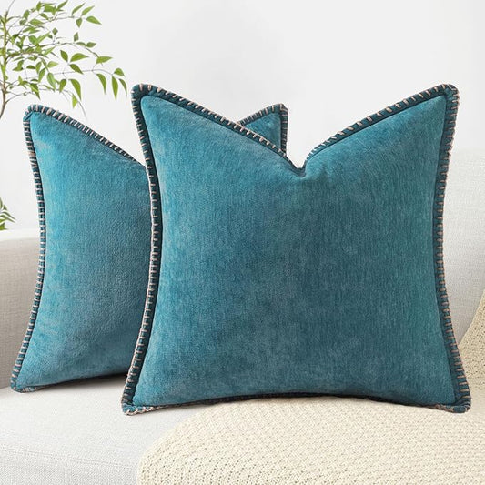 decorUhome Chenille Soft Throw Pillow Covers 24x24 Set of 2, Farmhouse Velvet Neutral Decorative Euro Pillow Covers with Stitched Edge for Couch Sofa Bed Home Decor, Teal