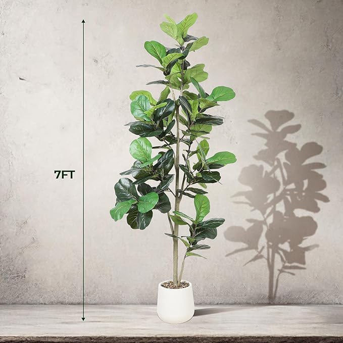 Artificial Fiddle Leaf Tree, 7ft Faux Plant Fake Ficus Lyrata Trees with White Planter, Artificial Fig Trees Floor Plants for House Office Living Room Indoor Home Decor, Housewarming Gift