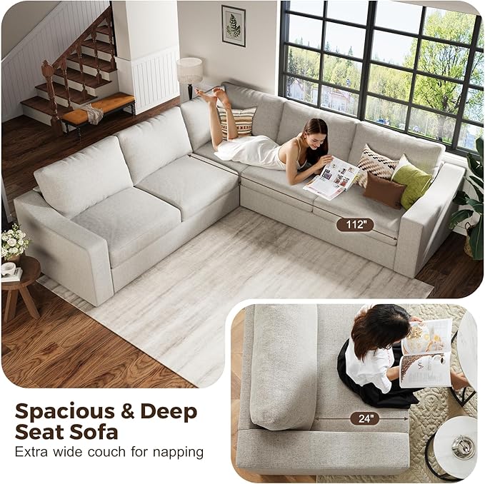 112" L Shaped Sectional Sofa with Detachable Sofa Cover, Reversible Sectional Modular Couch for Living Room, Linen Fabric Corner Couch with 7 Seats, Oatmeal