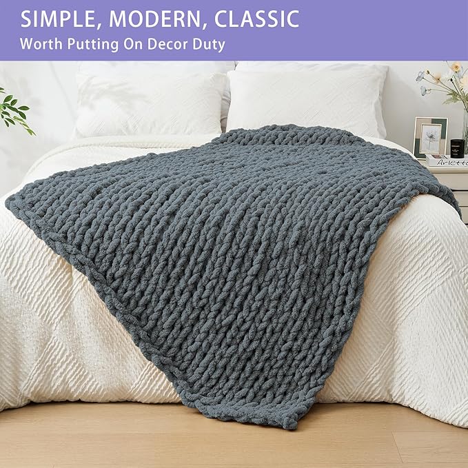 Bigacogo Chunky Knit Throw Blanket for Couch, 40x60 inches, 100% Hand Knitted with Thick Jumbo Chenille Yarn, Cozy Soft Large Rope Knot Cable Crochet Blankets for Sofa Bed Living Room, Iron Gray