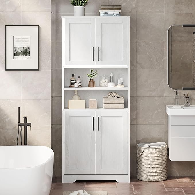 GarveeHome 67" Tall Storage Cabinet, Tall Bathroom Cabinet with 4 Doors and Adjustable Shelves, Freestanding Kitchen Pantry Cabinets, Cupboard for Living Room, Dining Room, Antique White