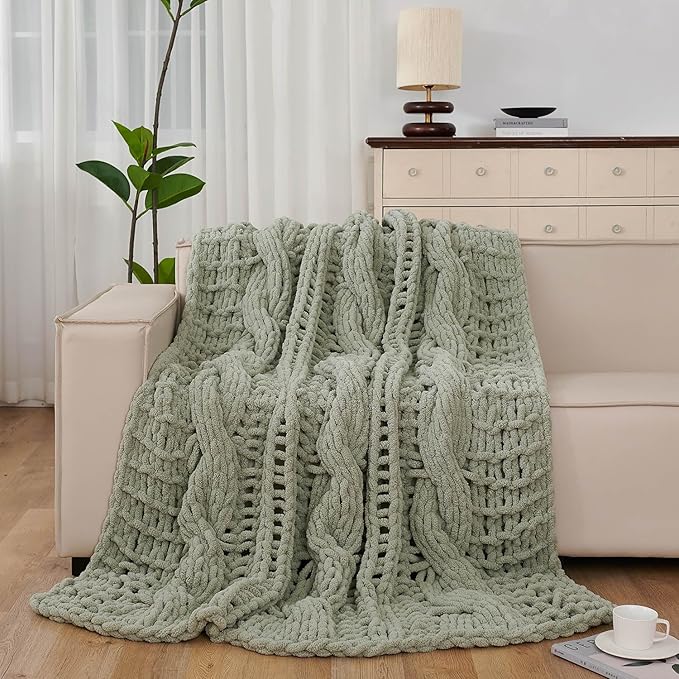 Esterra Chunky Knit Blanket Throw 50"x60", 100% Hand Knitted Chenille Throw Blanket, Cozy Soft Thick Cable Knit Throw Large Rope Knot Crochet Throw Blanket for Sofa Couch Bed, Sage Green