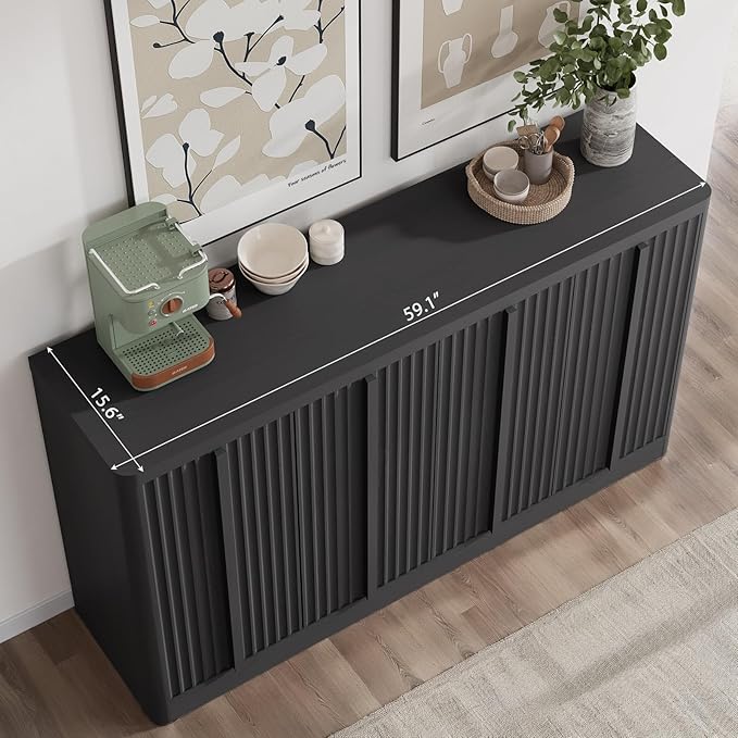 Fluted Buffet Cabinet with Storage, 60" Sideboard Buffet Storage Cabinet with 4 Doors & Adjustable Shelves, Wood Coffee Bar Credenza Accent Cabinet for Kitchen, Dining Room, Living Room, Black(1PCS)