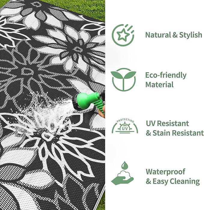 GENIMO Outdoor Rug Waterproof for Patio Decor, 8' x 10' Reversible Plastic Straw Floral Camping Carpet, Large Area Rugs Mats for RV, Camper, Deck, Balcony, Porch, Beach, Picnic, Black & White