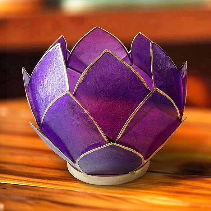 Blooming Lotus Capiz Shell Tealight Candle Holder, Handcrafted Decorative Tea Light Candleholder with Translucent Flower Petals for Ambient Illumination and Natural Elegance, Purple