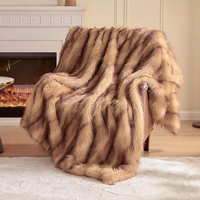 Fluffy Faux Fur Throw Blanket – Super Soft Warm Thick Plush Blanket for Bed, Couch & Office, Cozy Fuzzy Throw with Flannel Backing,90"x90", Brown