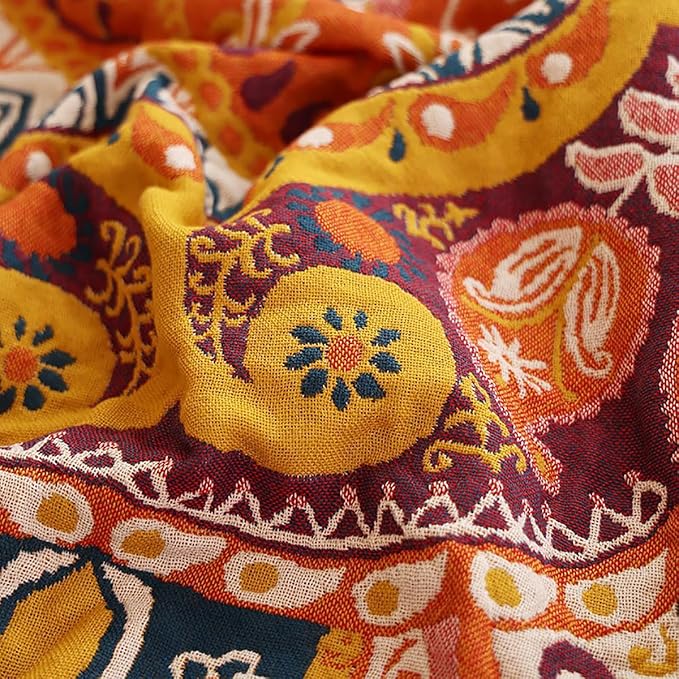 Boho Muslin Blanket for Adults 4-Layer Gauze Twin Size Soft Cozy 100% Cotton Summer Cooling Blanket Floral Decor for Sofa Bed Coverlet Both Sides (A Boho Figure Orange, Twin 60 x 80 in)
