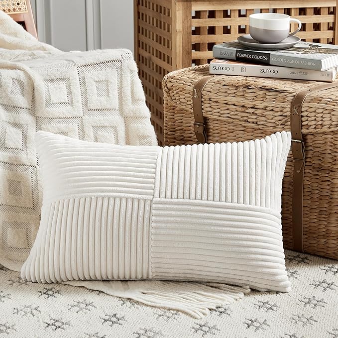 Fancy Homi 2 Packs Cream White Lumbar Decorative Throw Pillow Covers 14x24 Inch for Couch Bed Sofa, Rustic Farmhouse Boho Home Decor, Soft Striped Corduroy Rectangle Accent Cushion Case 35x60 cm