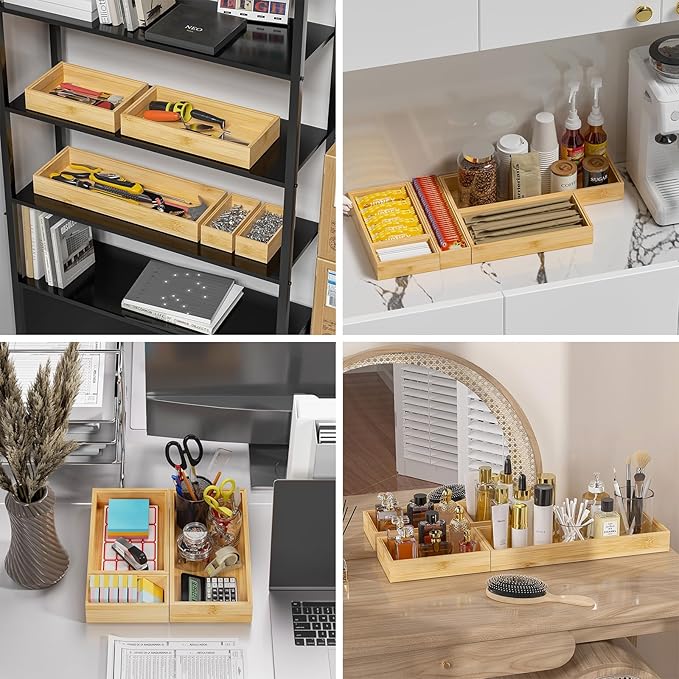 Bamboo Drawer Organizer for Kitchen & Bath, Extra Large Stackable Tray for Silverware, Toiletries & Utensils, 2 Pcs, 17" x 6" x 2" (Outer), 16.3" x 5.3" x 1.77" (Inner)