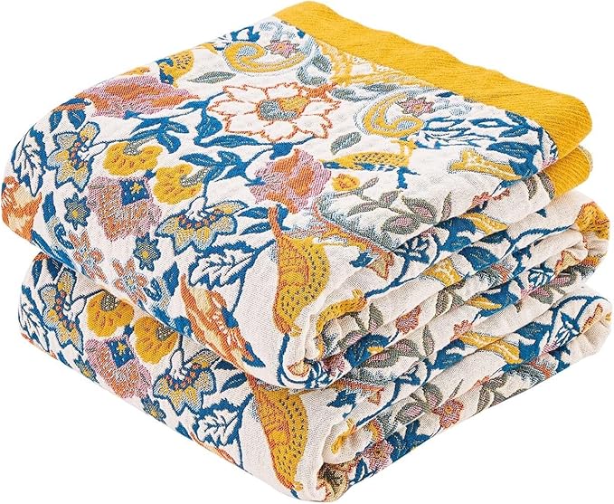 Boho Blanket Throw Quilt, 100% Cotton Soft Light Weight Throw Blankets for Summer, 50"x60" Farmhouse Flower Decorative Blankets, All Season Rustic Reversible Bohemian Throw Quilt