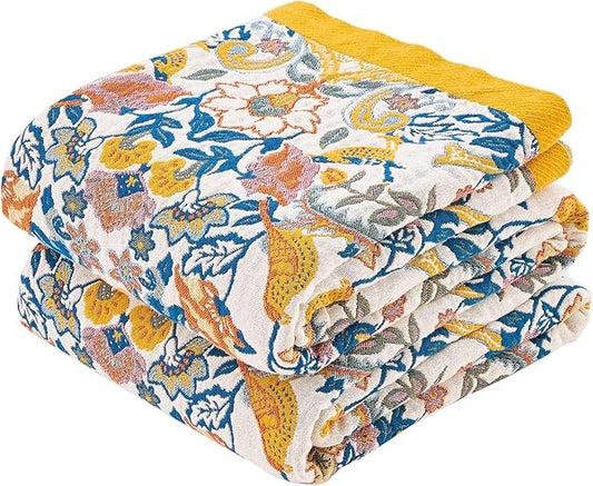 Boho Blanket Throw Quilt, 100% Cotton Soft Light Weight Throw Blankets for Summer, 80"x90" Farmhouse Flower Decorative Blankets, All Season Rustic Reversible Bohemian Throw Quilt