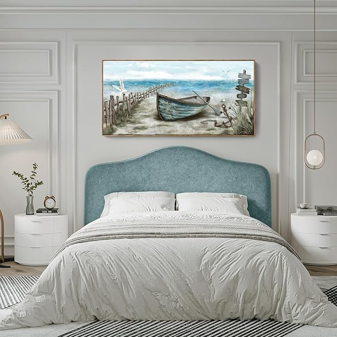 Extra Large Framed Wall Art for Living Room Coastal Décor Rustic Rowboat Canvas Print Big Beach Themed Painting Seagull Vintage Boat Sea Bird Artwork Oversized Blue Teal Seaside Ocean Picture for