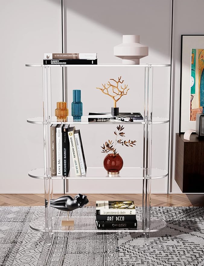 Clear Bookshelf, Acrylic Bookcase with Open Book Shelf Console Table for Entryway Office Living Room Bedroom (4 Tier Clear)
