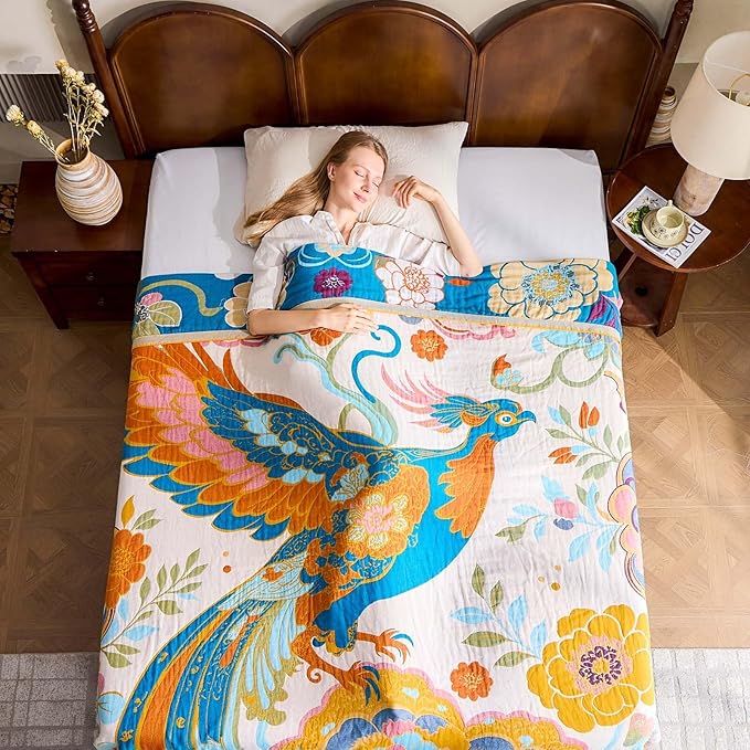 Boho Throw Blanket, Lightweight Blankets for Summer, 100% Cotton Bohemian Decorative Throw Blanket, 50"x60" Reversible Muslin Breathable Woven Farmhouse Blankets Quilt,