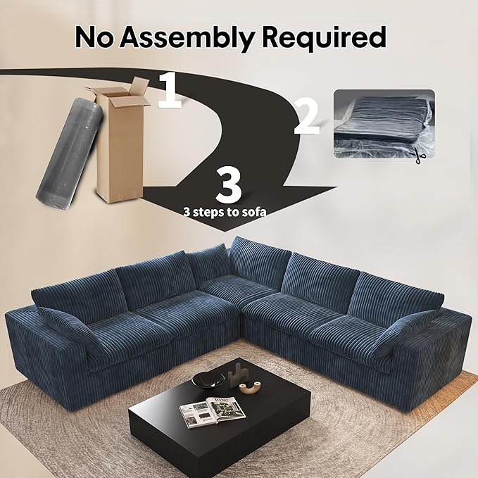 118" V Shaped Corner Modern Sofa Modular Sectional Cloud Couch,Deep Seat Upholstered Couches with Plush Corduroy Fabric for Living Room Furniture,Bedroom and Apartment,No Assembly Required,Blue
