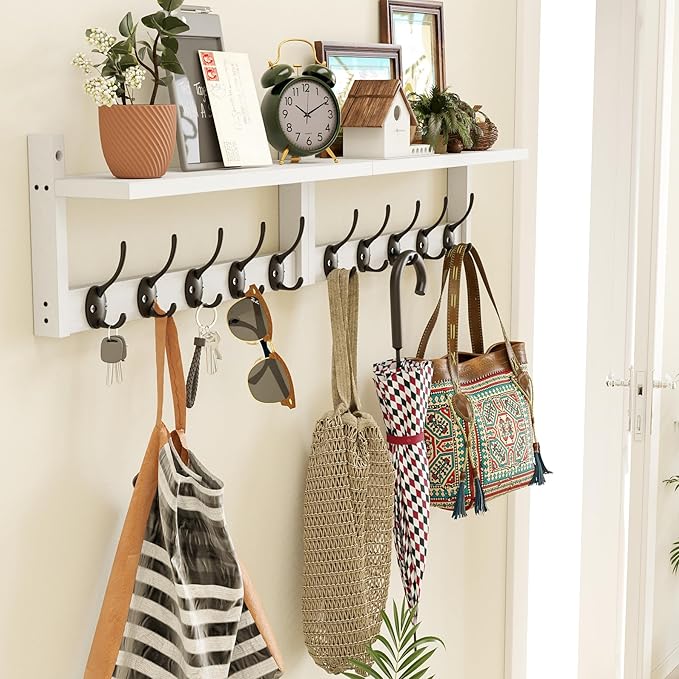 AMBIRD 34.2" L Wooden Wall Coat Hooks with Shelf - Versatile and Decorative Wall-Mounted Storage - 10 Hooks for Hanging Coats, Hats, Keys, Bags, Scarves - Ideal for Entryways, Bedrooms, Closets(White)