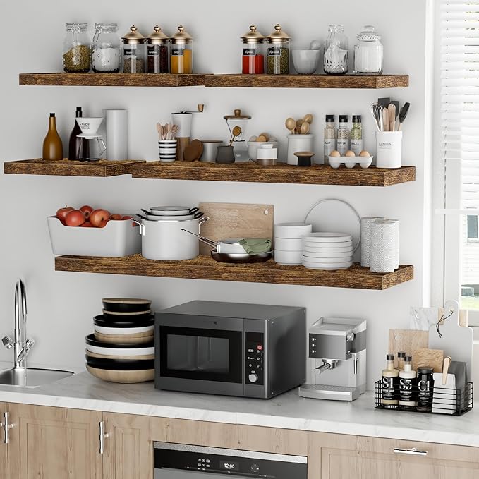 Fun Memories Floating Shelves - 2 Pack 12 Inch Rustic Wooden Wall Shelves - Extra Deeper & Thicker Wall Mounted Storage Shelf for Living Room, Kitchen, Farmhouse - 36" W x 12" D x 1.8" H - Brown