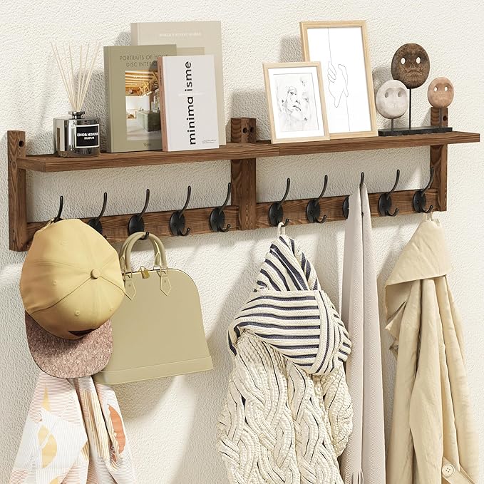 AMBIRD 34.2 inch Wooden Extra-Long Wall Hook Rack with Shelf - Versatile and Decorative Wall-Mounted Storage - 10 Hooks for Hanging Coats, Hats, Scarves - Ideal for Entryways, Bedrooms, Closets