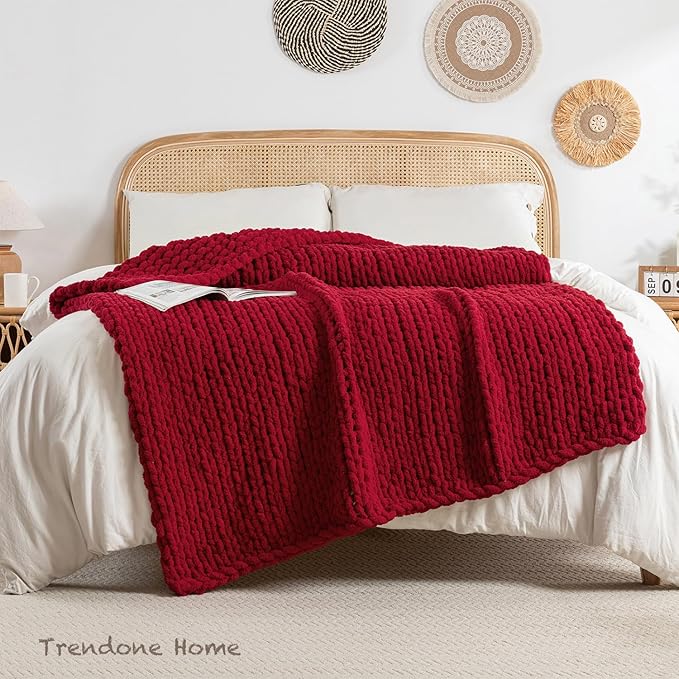 Chunky Knit Blanket Throw, 100% Hand Knit Throw Blanket Handmade Chenille Cable Knit Throw for Couch, Stylish Cozy Soft Rope Knot Crochet Blanket for Home Decor, Red, 50x60 Inches