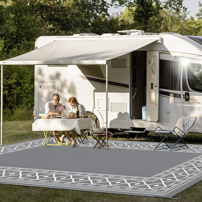 GENIMO Outdoor Rug Waterproof Area 10'x14' for Patio, Foldable Reversible Plastic Straw Carpet for Travel Trailers, Outside Mat for Rv, Deck, Picnic, Porch, Camper, Balcony, Beach, Grey & White