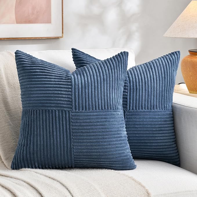 Fancy Homi 2 Packs Dusty Blue Big Decorative Throw Pillow Covers 24x24 Inch for Living Room Couch Bed, Rustic Farmhouse Boho Home Decor, Soft Corss Corduroy Patchwork Square Cushion Case 60x60 cm
