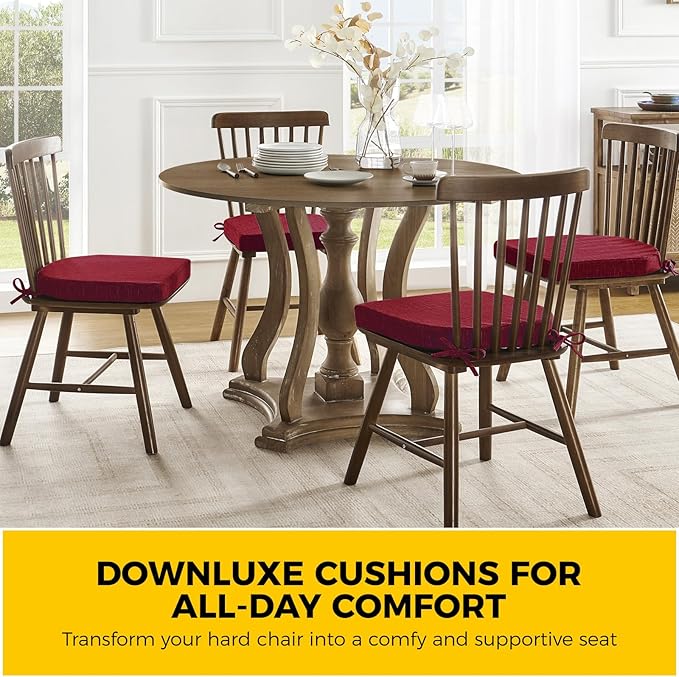 downluxe Indoor Chair Cushions for Dining Chairs, Soft and Comfortable Textured Foam Kitchen Chair Pads with Ties and Non-Slip Backing, 16" x 16" x 2", Red, 2 Pack