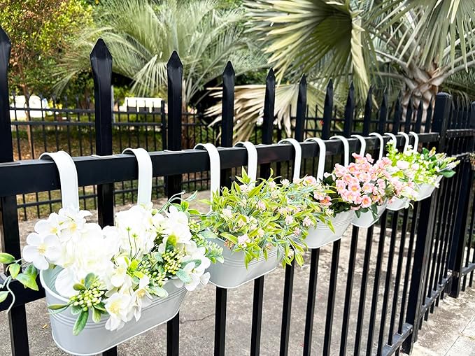 10" Hanging Flower Pots, Pack of 4 White Metal Outdoor Patio Balcony Planter, Railing Planters Fence Pot with Detachable Hook & Drainage Hole for Small Plants (White, 4Pcs)